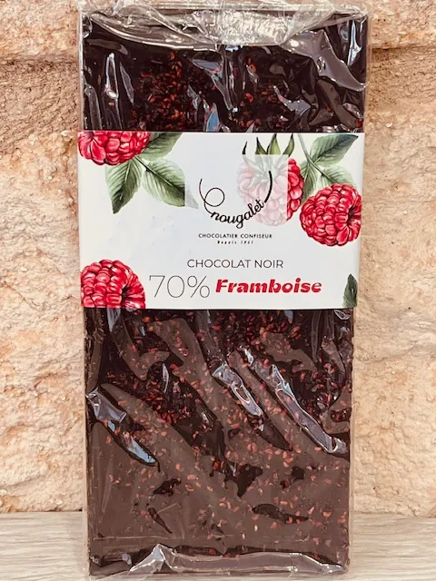 Tablette Chocolat noir 70% éclats de framboise 100gr