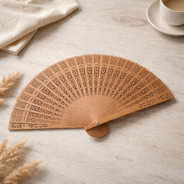 Eventail en bois dans son sachet organdi