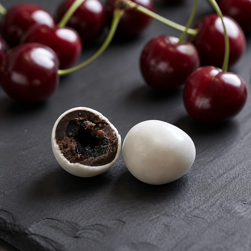 Dragée cerise confite enrobée chocolat noir